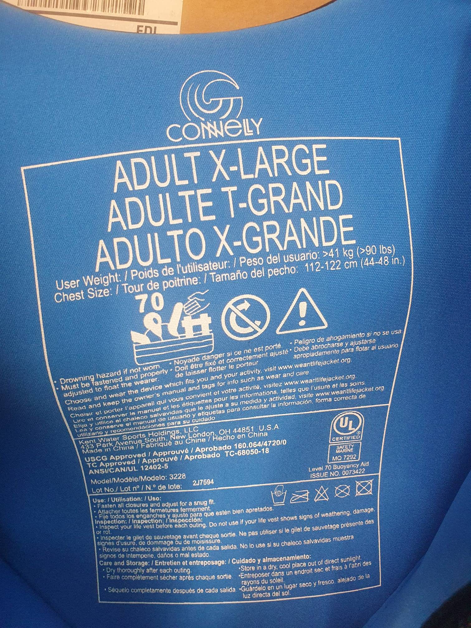 Connelly Life Jacket - Adult XL - USCG Approved
