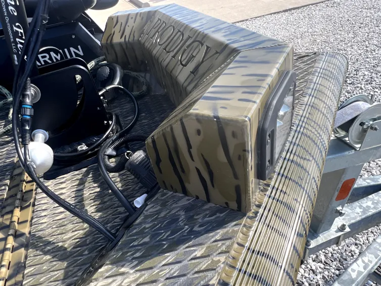 Close-up of the polished stainless steel propeller and lower hull near stern of the 2023 Prodigy Villain 1751, emphasizing maintenance condition at Waypoint Marine